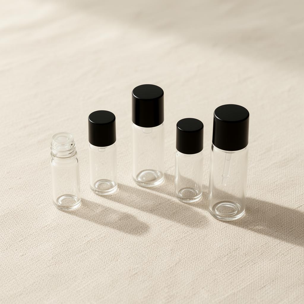 Decants simples e minimalistas em vidro com tampa preta